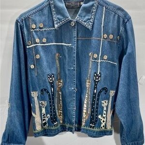 VINTAGE 90’S LIFESTYLE DENIM CAT LADY JACKET SIZE PETITE SMART